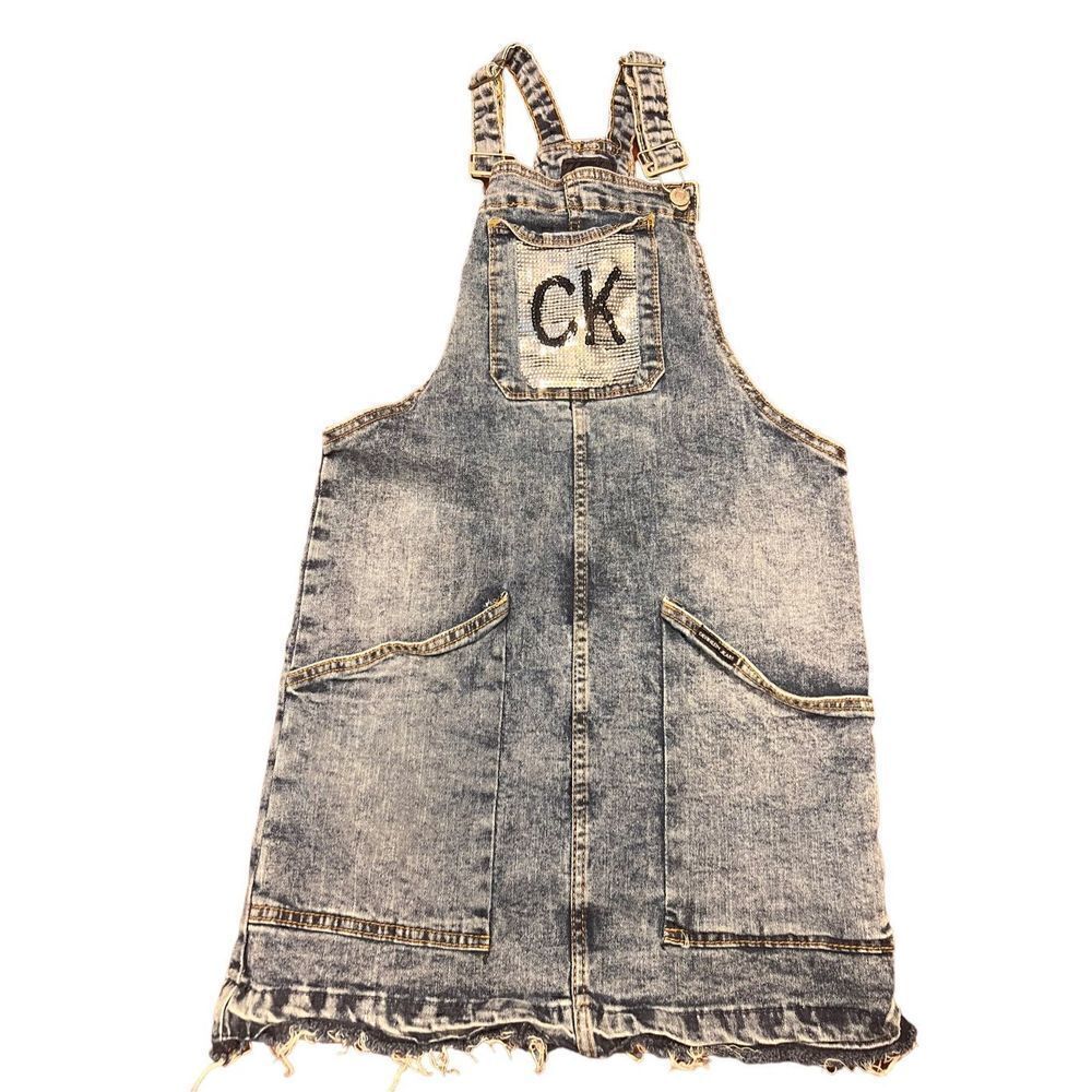 Calvin Klein denim sequin CK overall dress girls 12/14 large